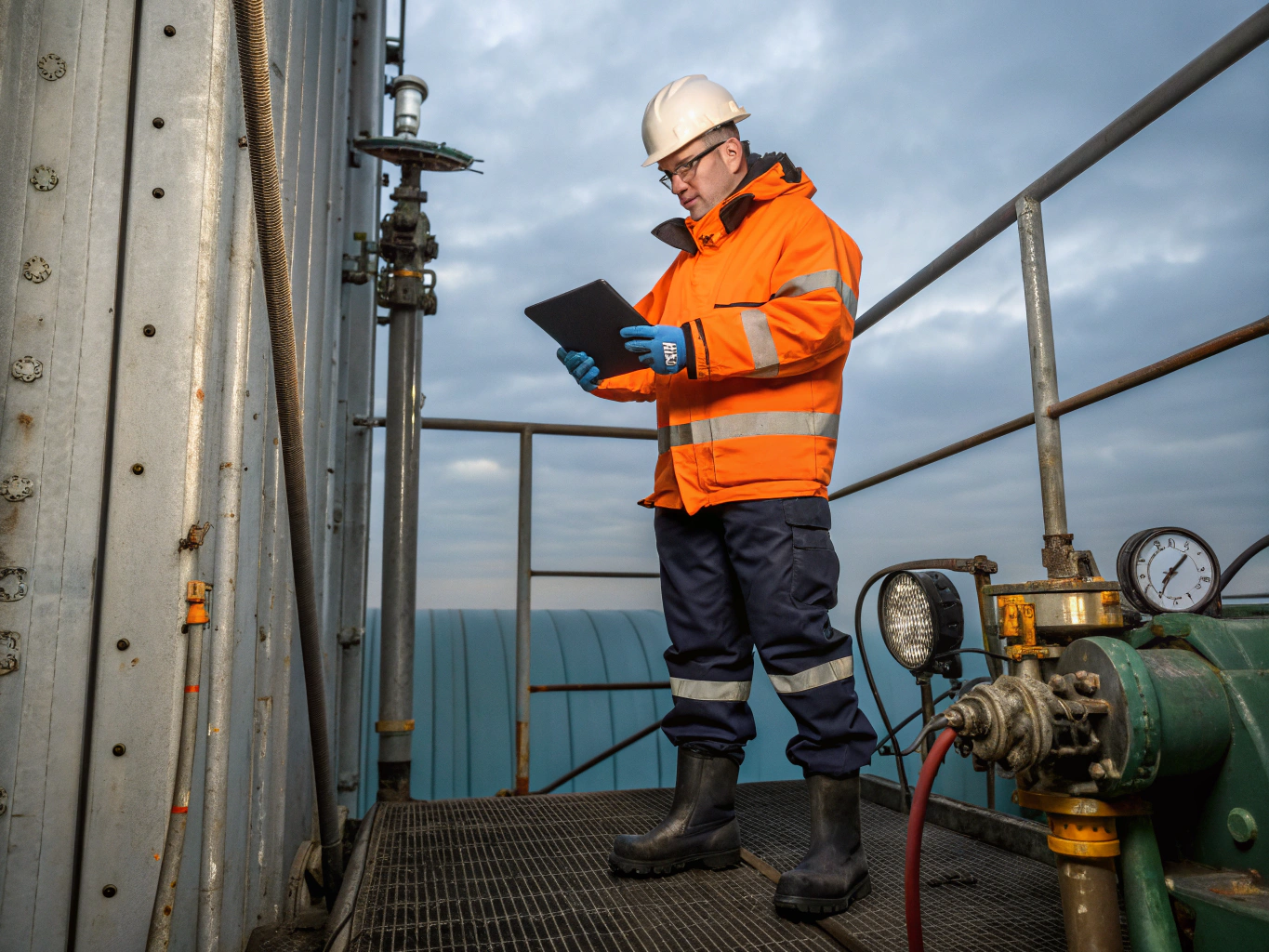 Industrial field engineer conducting on-site mechanical inspection