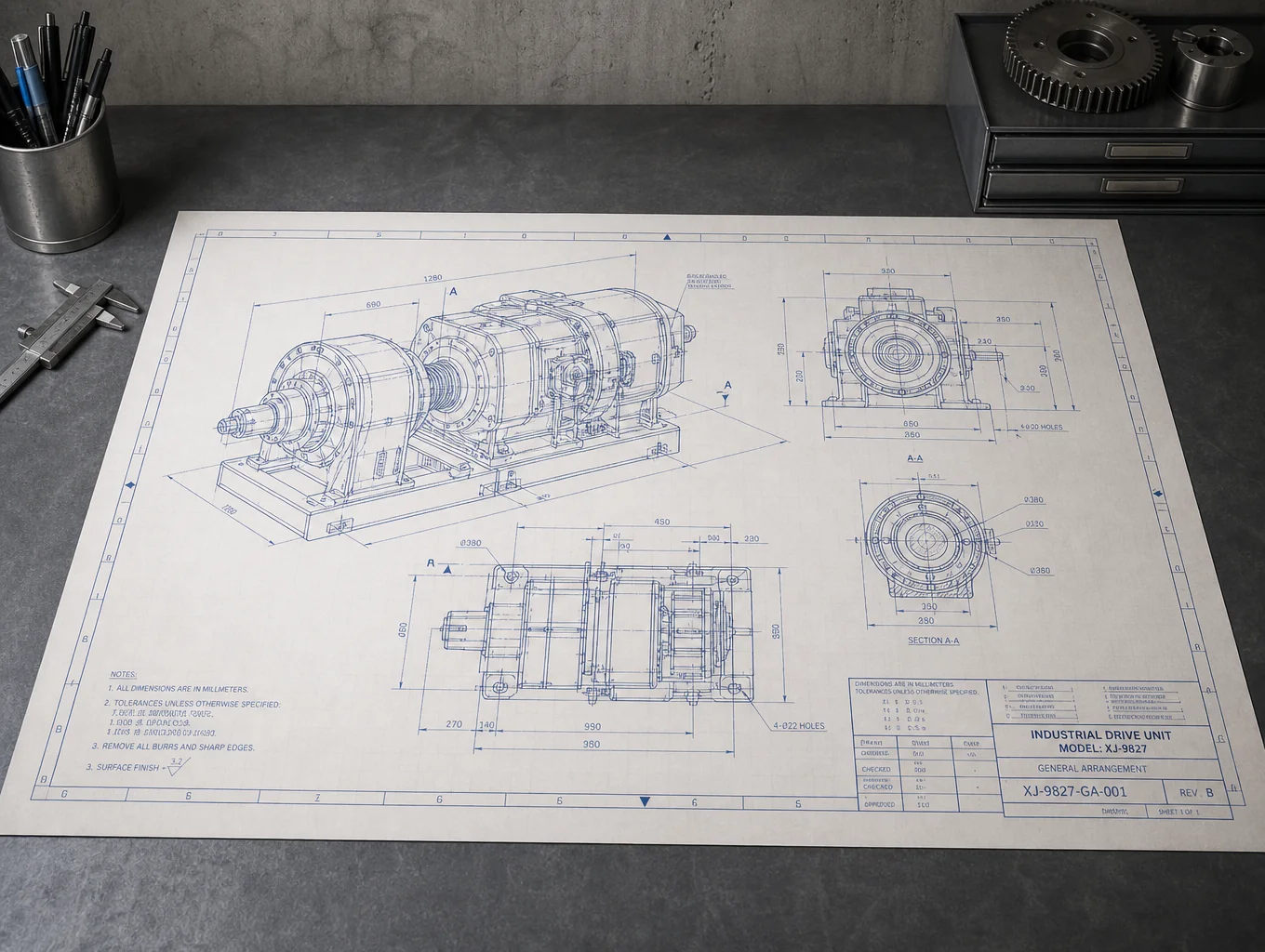 Industrial engineering blueprint and technical analysis