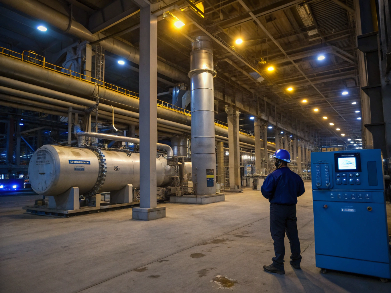 Industrial engineer inspecting heavy mechanical components